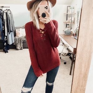 American Eagle | Rust Lace Up Ribbed Sweater